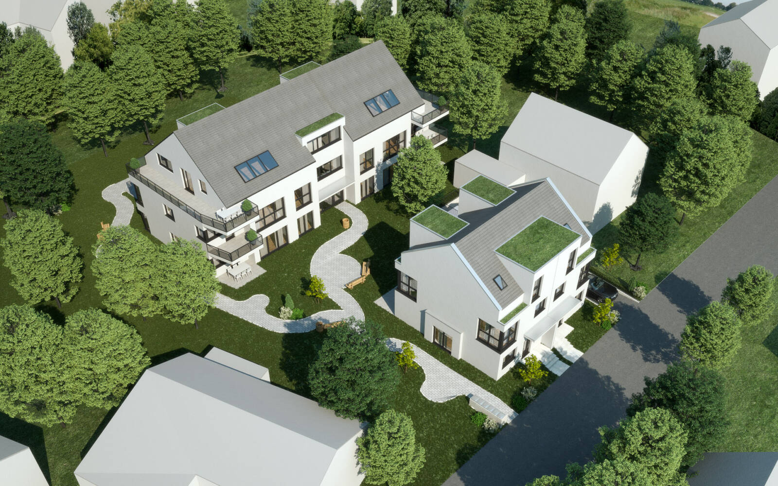 Neubau eines Doppelhauses und eines Mehrfamilienhauses auf einer gemeinsamen Tiefgarage in Eschborn